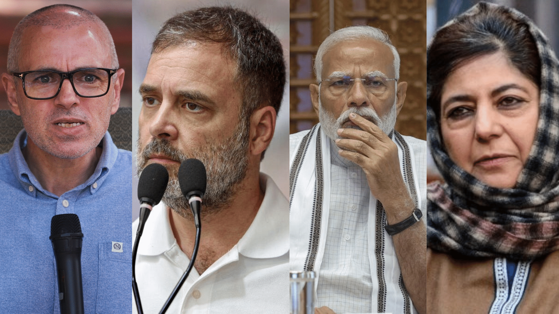 <div class="paragraphs"><p>(From left)&nbsp;National Conference chief Omar Abdullah, Lok Sabha LoP Rahul Gandhi, Prime Minister Narendra Modi,&nbsp;Peoples’ Democratic Party chief Mehbooba Mufti.&nbsp;</p></div>